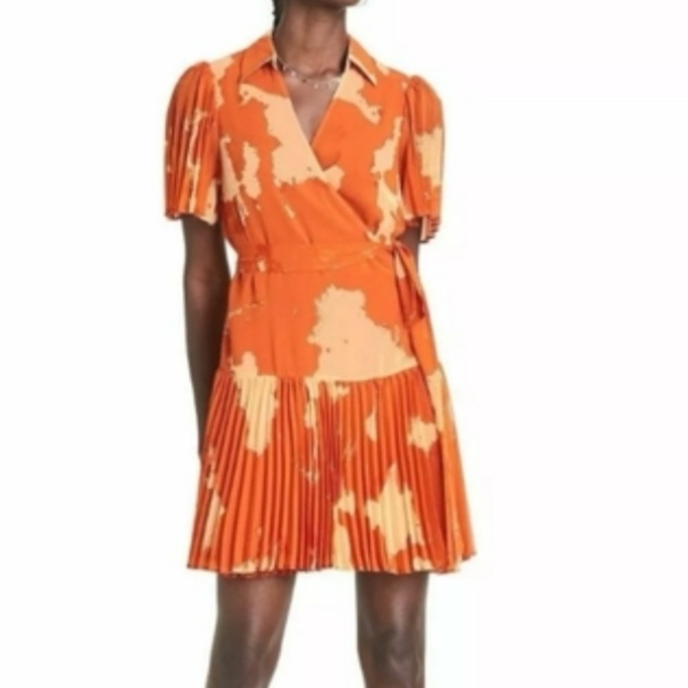 Alexis Orange Wrap Dress with Pleated Skirt